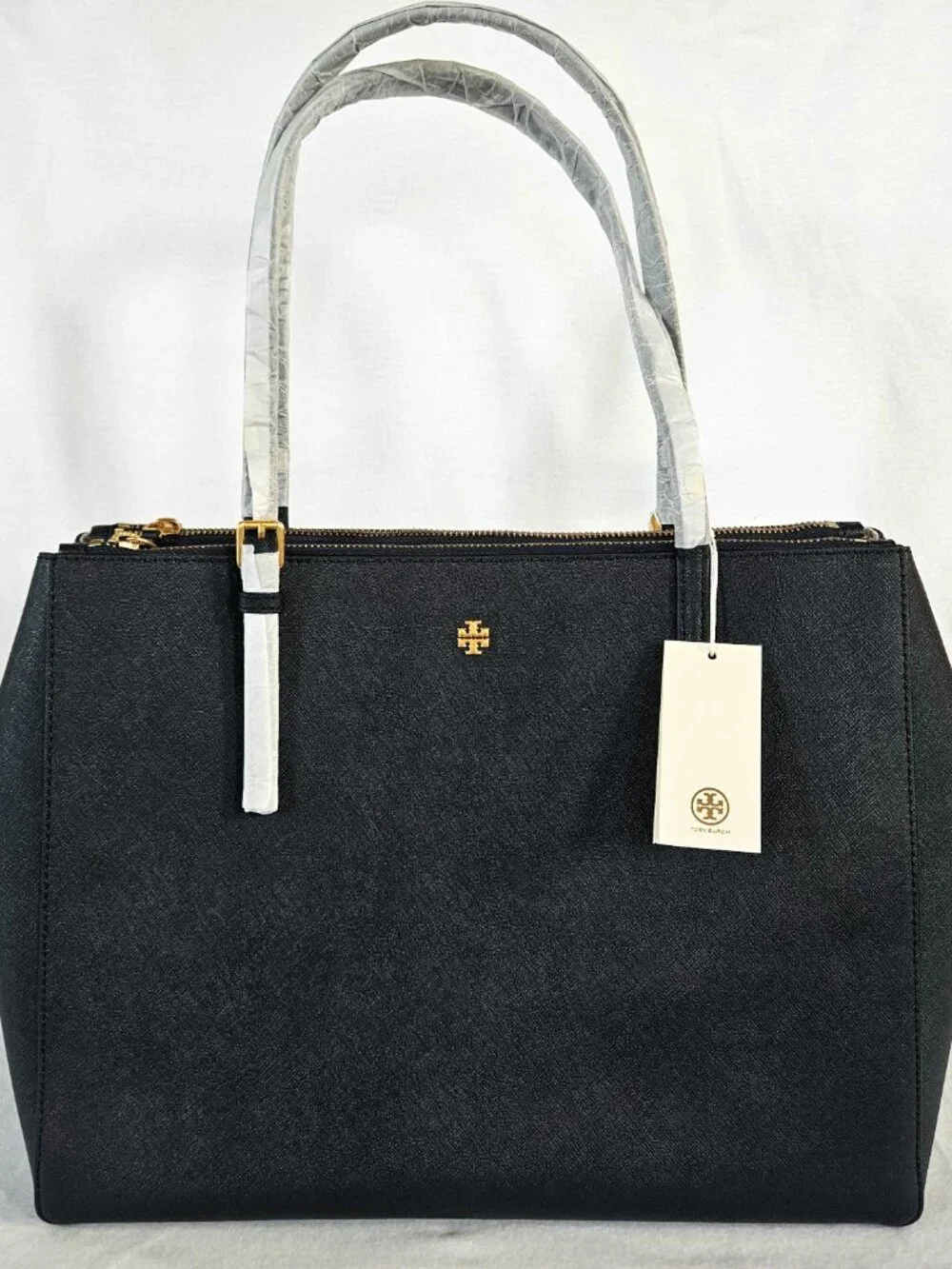 TORY BURCH Saffiano Leather Handbag Emerson Lg Double Zip Tote Navy Blue NWT